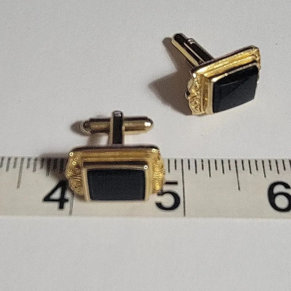 Goldtone Rectangular Cufflinks Black Stone - Picture 4 of 5